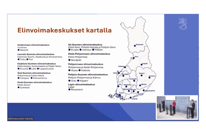 Kuva: Kuvankaappaus valtioneuvoston kanslian 2.12.25 järjestämästä tietoiskusta. Uudet 15 elinvoimakeskusta kartalla.