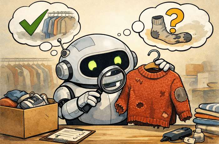 Kuva: ChatGPT AI. Tekoälyn kehittämä kuvituskuva symboloi sitä, että tekoälypohjainen kuvantunnistus voi jatkossa auttaa määrittelemään, onko käytetyllä vaatteella vielä markkina-arvoa.